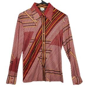 Ms Doris Shirt Womens 14 Red Geometric Print Long Sleeve Button Front Sheer Soft